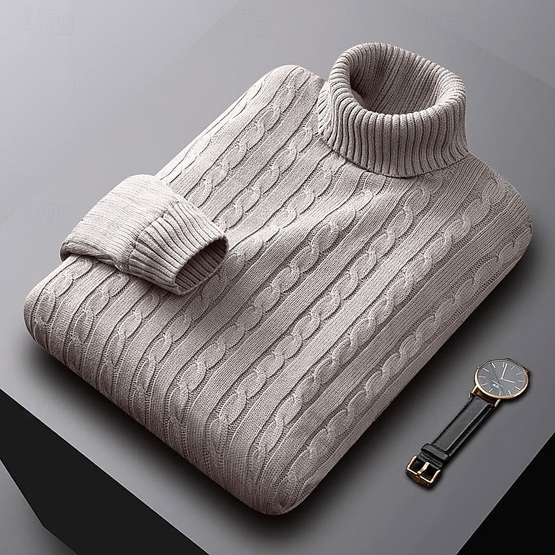 Men's Sweater | Turtleneck Cable Knit Long Sleeve Ribbed Cuff