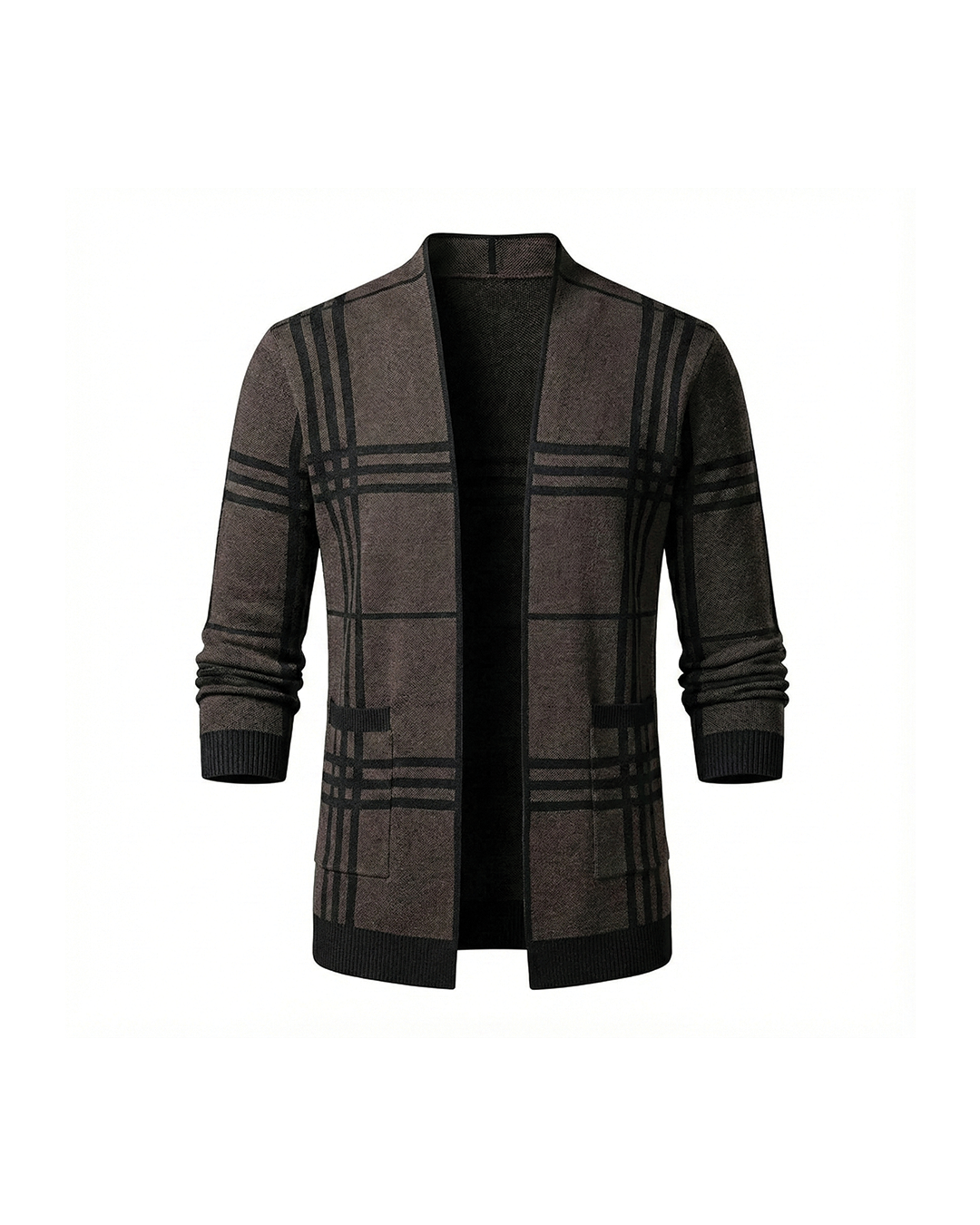 Men's Cardigan | Open Front Plaid Knit Ribbed Cuffs Long Sleeve