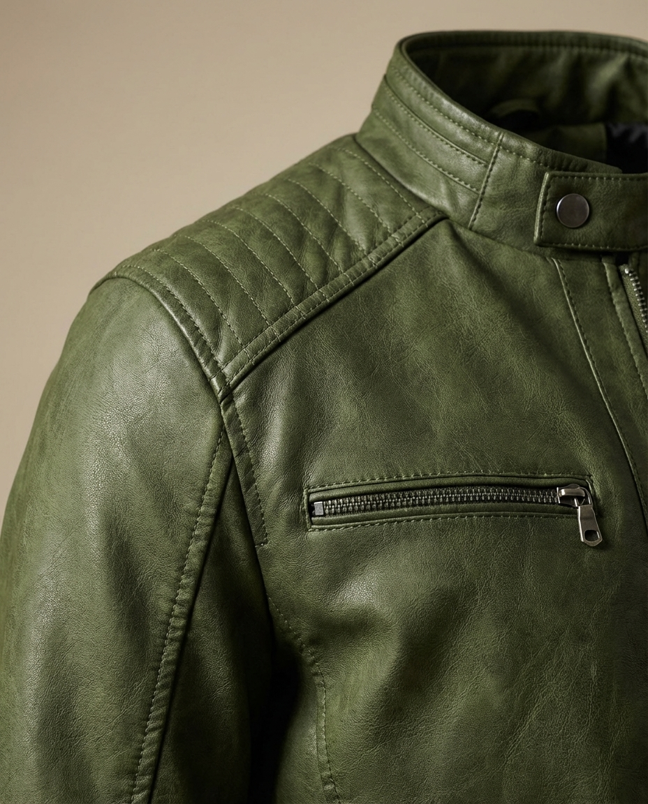 Men's Leather Jacket | Moto Collar Zip Closure Quilted Shoulders