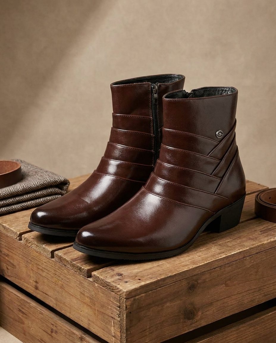Men's Boots | Leather Zipper Closure Block Heel