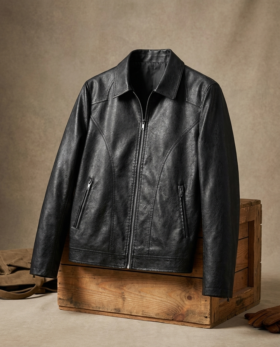 Men's Leather Jacket | Point Collar Zip Closure Slim Fit