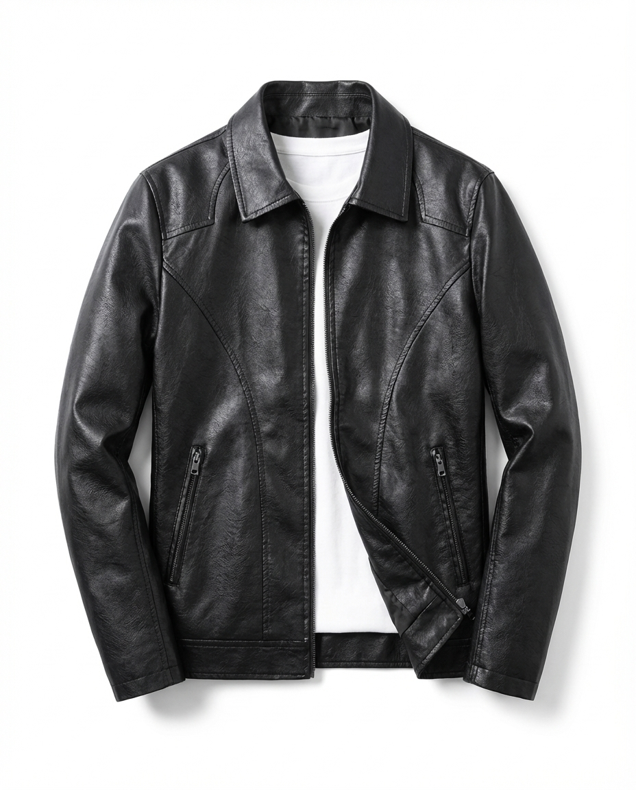 Men's Leather Jacket | Point Collar Zip Closure Slim Fit