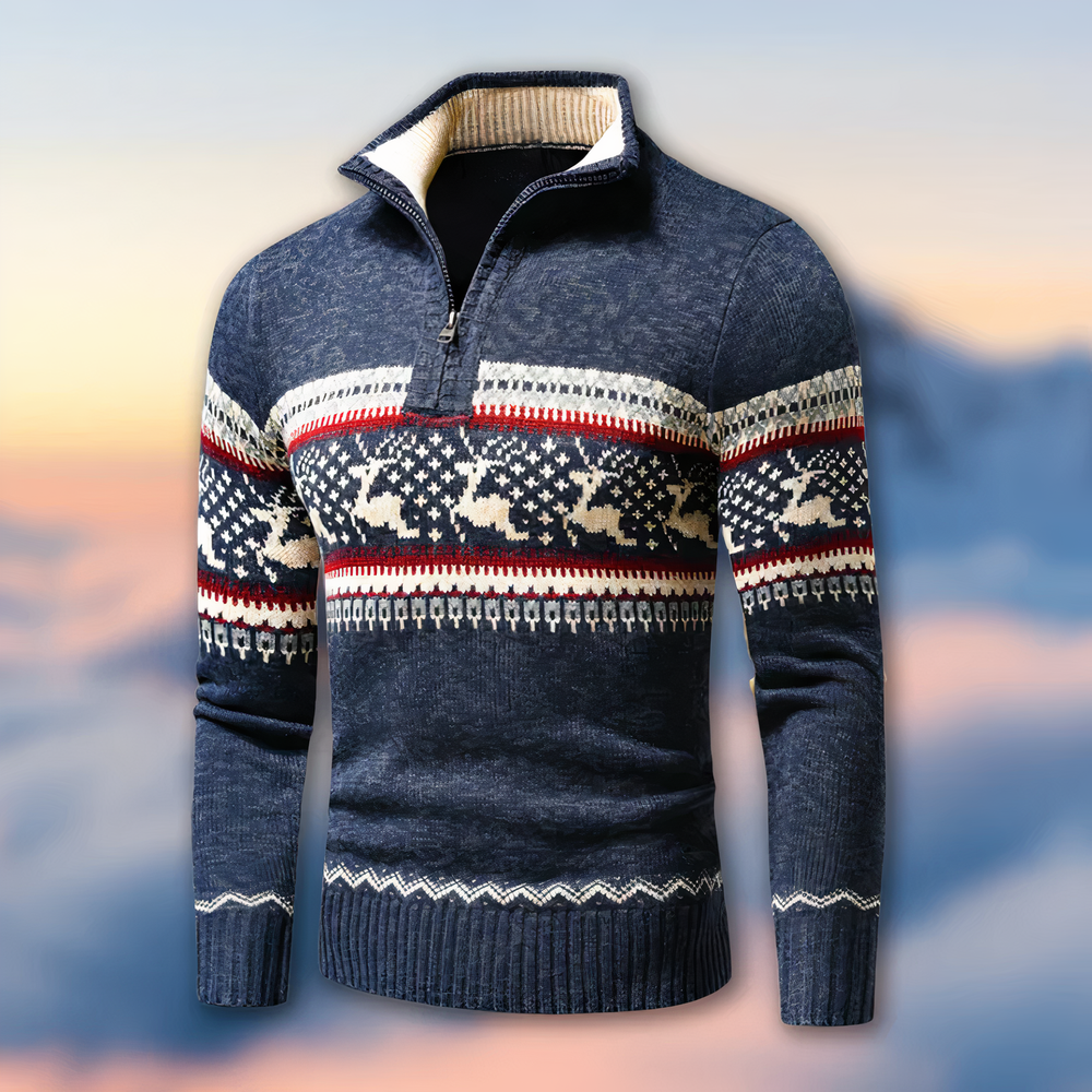 Men's Christmas Sweater | Quarter Zip Knit Reindeer Snowflake