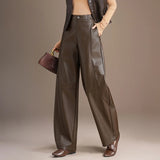 Women's Leather Pants | Wide Leg Straight Panelled