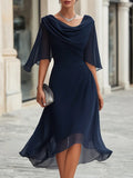 Women's Cowl Neck Midi Dress | Midi Length Cape Sleeves Ruched