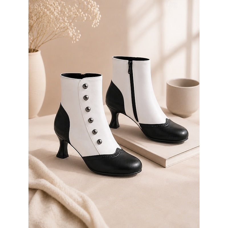 Women's Work Boots | Vintage Button Detail Round Toe Kitten Heel