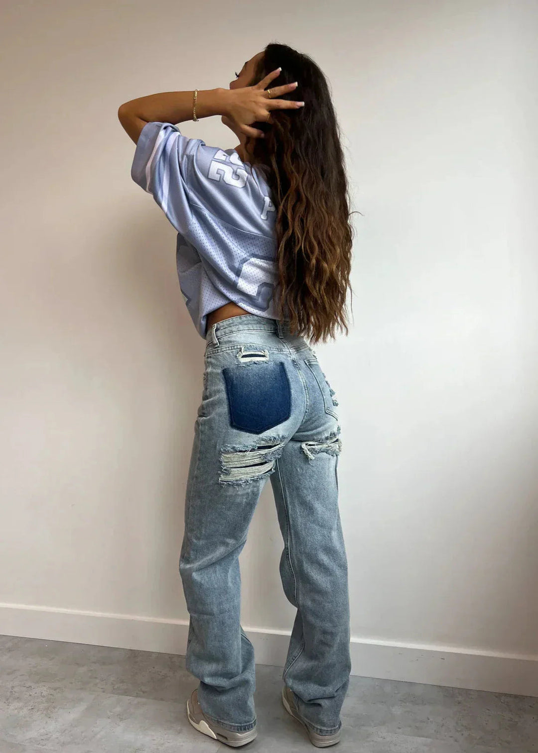 Women's Baggy Jeans | High Waist Distressed Patch Pocket Wide Leg
