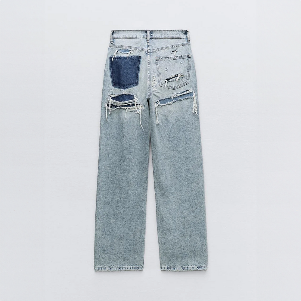 Women's Baggy Jeans | High Waist Distressed Patch Pocket Wide Leg